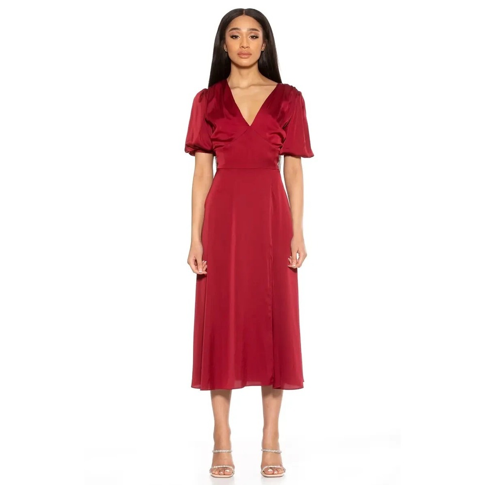 Alexia Admor Midi Dress Satin Puff Sleeve Slit Red Women's Size 8